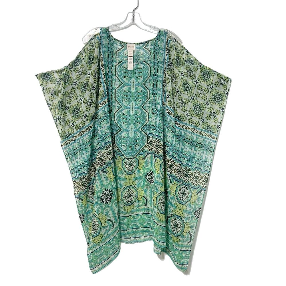 Chico's Caftan Tunic Top Women S/M Teal Green Sheer Swim Coverup Resortwear